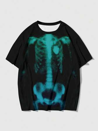 Grunge Punk Herren modisches Totenkopf-Muster Kurzarm T-Shirt, Sommer