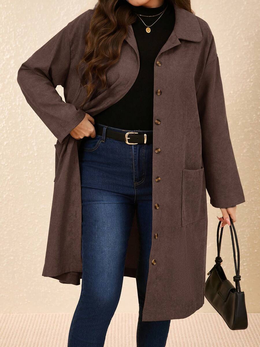 EMERY ROSE 加大码乡村服装女式灯芯绒双口袋纽扣门襟中长外套，秋季女装 - 棕色 - 查看 1