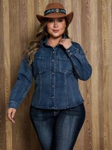 EMERY ROSE Áo khoác denim phong cách đường phố thường ngày cỡ lớn dành cho nữ, quần jean co giãn màu xanh đậm - Rửa tối - Xem 8