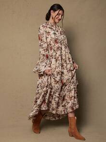 SHEIN VCAY Vestido Plus Size Feminino Estampado Floral com Amarração no Decote - Caqui - Ver 5