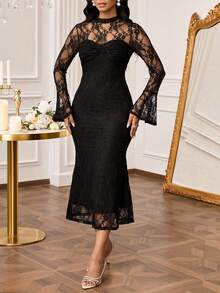 SHEIN Lady 女式优雅撞色蕾丝鱼尾下摆喇叭袖中长连衣裙，秋季 - 黑色 - 查看 8