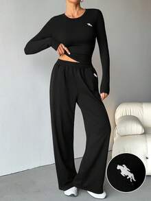 SHEIN Tall 2pcs Black Fitted Embroidered Knit Homewear Set For Women, Summer - Black - View 1