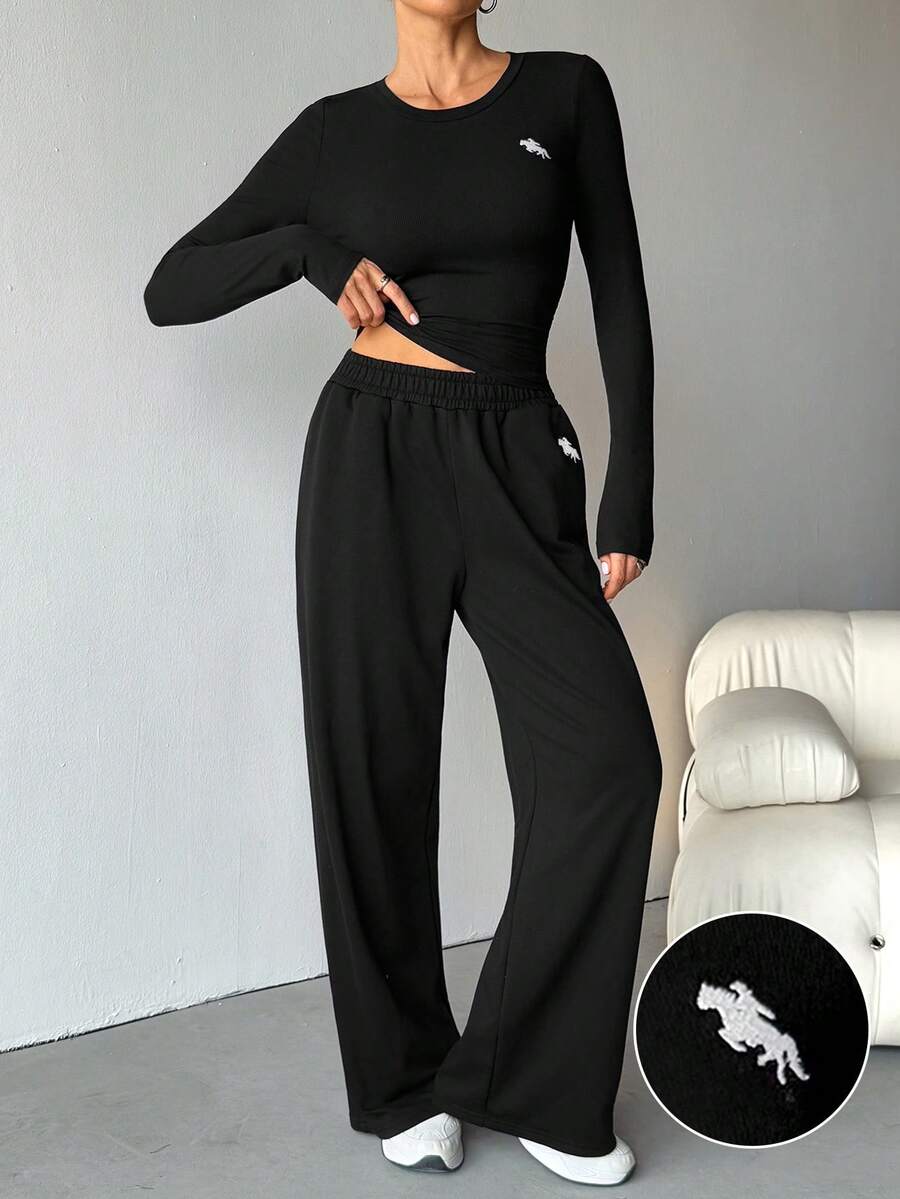 SHEIN Tall 2pcs Black Fitted Embroidered Knit Homewear Set For Women, Summer - Black - View 1