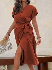 Roveilla 大码女式纯色简约日常短袖连衣裙长款女装