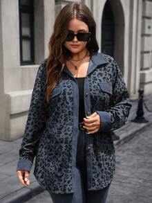 EMERY ROSE Plus Size Women Leopard Print Patchwork Shirt Style Jacket, Autumn/Winter - Blue - View 3