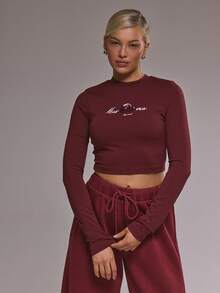 MUSERA Blusa de manga larga ajustada con aplicación de cerezas, estilo lindo y acogedor para primavera y verano - Granate - Ver 1