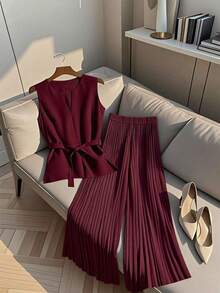 Franclia Women Casual Sleeveless V-Neck Top & Pleated Elastic Waist Straight Leg Pants Set