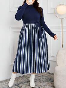Modelyn 大码休闲条纹拼接针织连衣裙，秋冬款 - 藏蓝色 - 查看 3