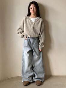 Dazy Kids Girls Slouchy Color Block Henley Neck Pullover Sweater, Soft & Cozy For Big Tween Girl, Fall - Apricot - View 2