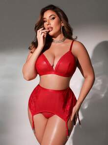 SpicyHot 3件套加大码性感蕾丝拼接内衣套装 - 紅色 - 查看 4