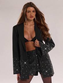 SHEIN BAE 女式水钻装饰翻领休闲派对西装外套 - 黑色 - 查看 6