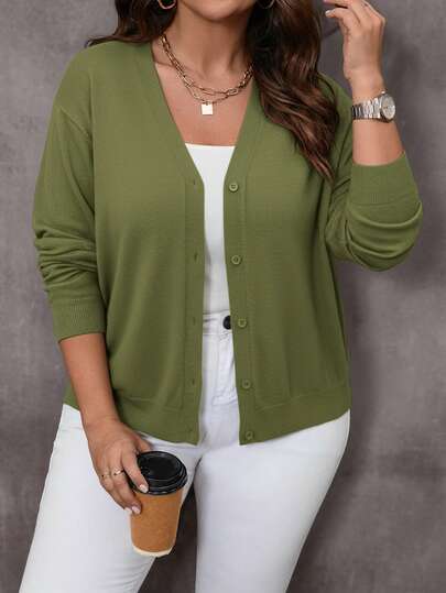 EMERY ROSE 大码纯色V领前开襟纽扣落肩休闲针织开衫