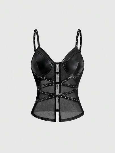 Top de tirantes de mujer con contraste de malla y colgante de cruz metálica sexy de estilo Y2K para Navidad