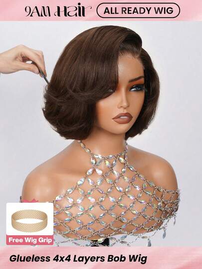 ALL READY WIG Wear Go 无胶鲍勃假发，100% 雷米真人发质，夏季短款鲍勃假发，预造型分层剪裁，4x4 预剪蕾丝，预拔发际线，预漂白，全效假发，180% 密度，4# 巧克力棕色头发，优雅别致的女老板造型