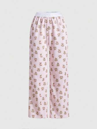 Kawaii Cute Plaid Bear Print Lucky Slogan Casual Straight Leg Pants
