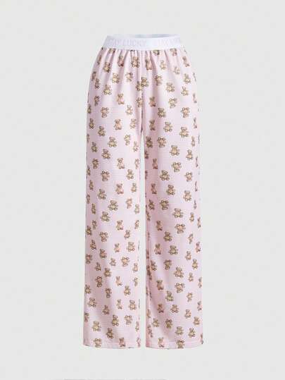 Kawaii Cute Plaid Bear Print Lucky Slogan Casual Straight Leg Pants