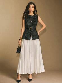 Poéselle Women's Plaid Pattern Sleeveless Button-Up Buckle Belted Vest And Pleated Skirt Suit Set, Office/Commute, Elegant Women's Set,Black Tweed Fabric With Gold Thread Accents, Super-Value Three-Piece Outfit,Luxurious And Elegant,Christmas Party,Luxury Evening Dresses,New Year Outfit ,Suitable For Daily Wear, Party,Going Out, Commuting,Fall/Winter