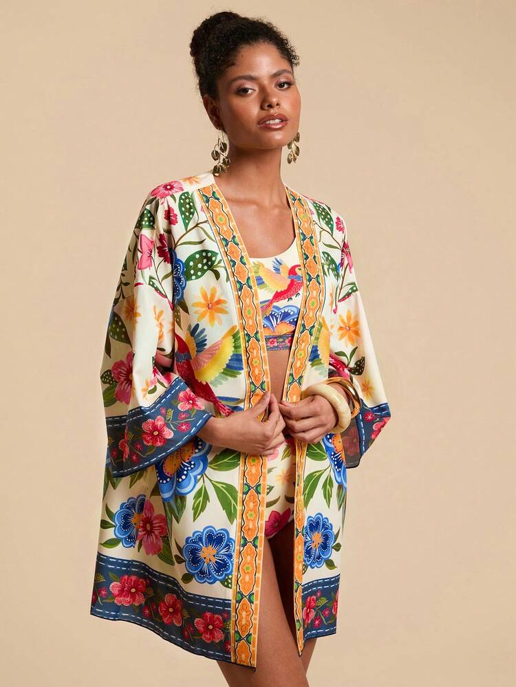 Travachic Women's Beach Vacation Casual Printed Open Front Cover Up,Vacation/Beach,Bathing Women Boho, Casual,Vacation,Summer Holiday,Vacation,Elegant,Going Out,Party,Beach,Summer Holiday, Tropical Vacation, Bohemian Outfits, Ibiza Outfits, Western Style - Multicolor - View 5
