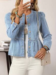 EMERY ROSE Women's Solid Color Ruffle Hem Front Button Long Sleeve Denim Jacket