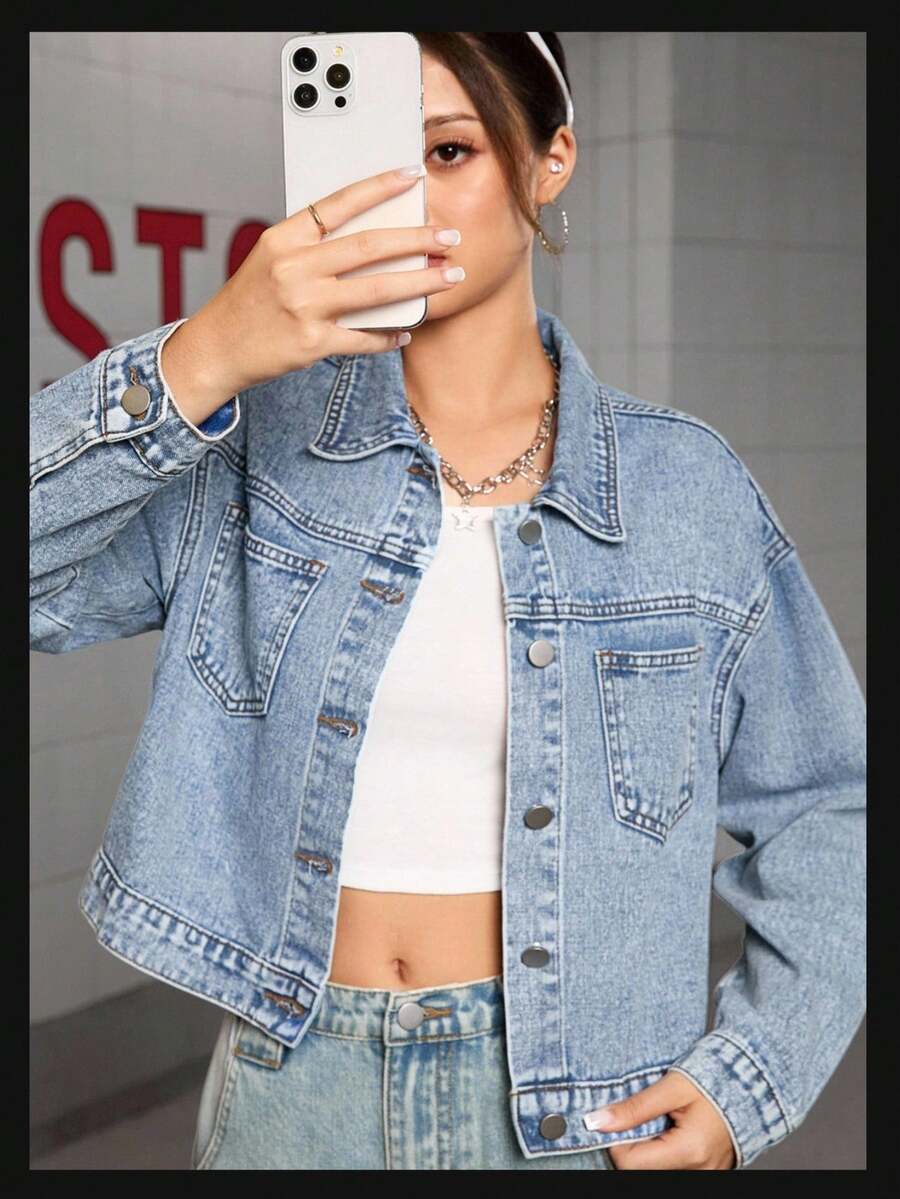 Sparklyn 少女休闲时尚复古个性四季皆宜水洗牛仔外套，休闲运动风，2025秋冬新款，适合日常穿着，学院风、街头风、休闲风、可爱风、复古风、千禧年代风、流行风、波西米亚风、秋季街头风