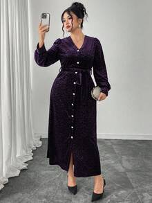 Modelyn Vestido de fiesta elegante de terciopelo con cuello en V y mangas farol para mujer de talla grande - Morado - Ver 5
