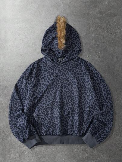 Street Life بلوزة رجالية برقبة عالية مطبوعة بنمط النمر، قطعة قماش فرائية، كاجوال وراحة