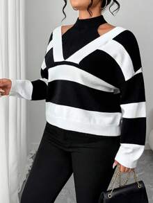 Elenzga Áo len chui đầu rộng rãi thời trang thường ngày hở vai cỡ lớn - Đen và trắng - Xem 6