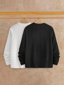 Manfinity NXTstreet 2件装男士纹理休闲长袖T恤，适合日常穿着，男士毛衣上衣，休闲上衣，男士长袖针织衫，秋季服装 - 彩色 - 查看 2