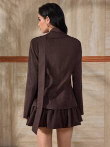 Modelyn Women's Autumn Fashion Elegant Ruched Waist Peplum Two Pieces Set - Brown - View 2