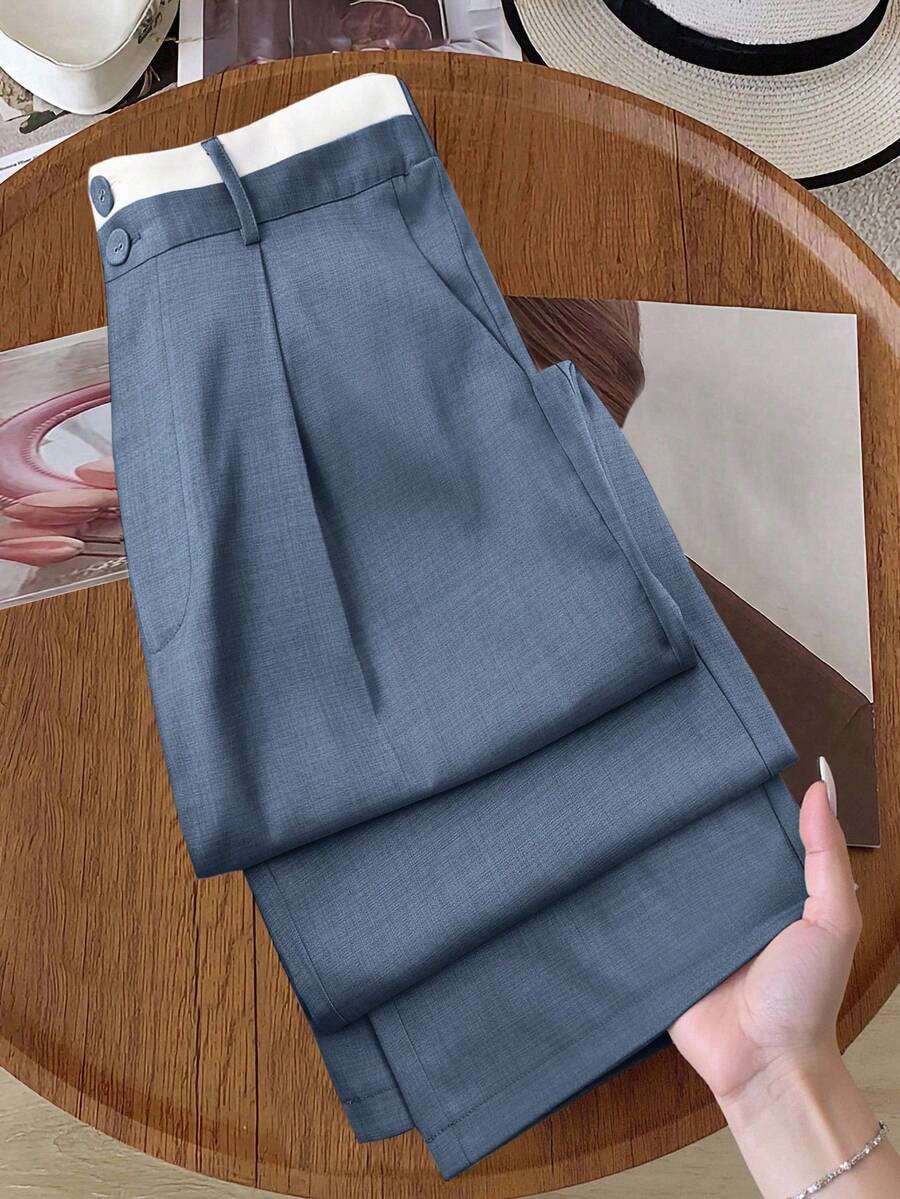 SHEIN PETITE Women's Casual Commuter Contrast Waistband Straight Leg Pants - Blue - View 1