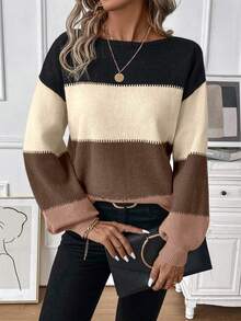 SHEIN LUNE Áo len dệt kim dáng rộng trễ vai màu tương phản, thường ngày đi làm cho nữ, mùa thu/đông - Màu Khaki - Xem 6