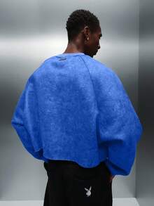 PLAYBOY X SUMWON Essentials Washed Effect Cropped Long Sleeve Sweatshirt With Ribbed Crew Neck And Raglan Sleeves - Blue - View 2