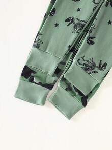 Young Boys Pajamas-Pajama Set Crew Neck Long Sleeve Top Long Pants Dinosaur Fossil Camo Print Stylish Army Green Lightweight Comfortable Cute Homewear All Season 2026 New Year Essential Snug Fit - Green - View 6