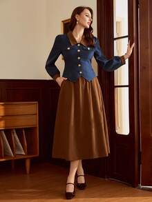 Vintamour Bộ đồ 2 món thanh lịch cổ điển dành cho nữ, có túi, áo sơ mi có cúc kim loại, váy chữ A, trang phục ngày lễ thường ngày, trang phục giáo viên dành cho nữ, quần áo mùa thu dành cho nữ, trang phục mùa thu dành cho nữ, trang phục đi nghỉ, trang phục mùa đông dành cho nữ, váy công sở thanh lịch dành cho nữ, trang phục cao bồi dành cho nữ, váy thanh lịch dành cho nữ, trang phục miền Tây dành cho nữ, váy mùa thu dành cho nữ, váy dạ hội - Nhiều màu - Xem 8