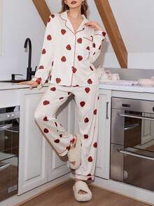 甜美草莓印花翻领长袖上衣和裤子女士睡衣套装 波点睡衣套装 草莓睡衣套装 曲线睡衣套装 女士睡衣，秋冬服装 - 彩色 - 查看 3