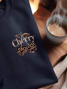 INAWLY 新款秋冬畅销女式豹纹樱桃图案圆领长袖卫衣 - 藏蓝色 - 查看 3