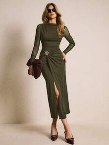 Poéselle Váy ôm bó màu trơn dành cho nữ, thích hợp để đi làm - xanh quân đội - Xem 1