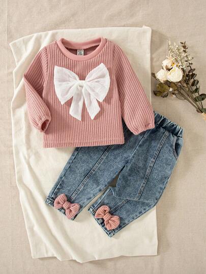 SHEIN Playful Pals 女婴秋冬休闲套装（2件套），蝴蝶结装饰，长袖上衣和长牛仔裤