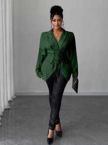 Maweii Bộ đồ công sở đi làm cỡ lớn dành cho nữ có thiết kế cà vạt, trưởng thành và quyến rũ - màu xanh lá - Xem 4