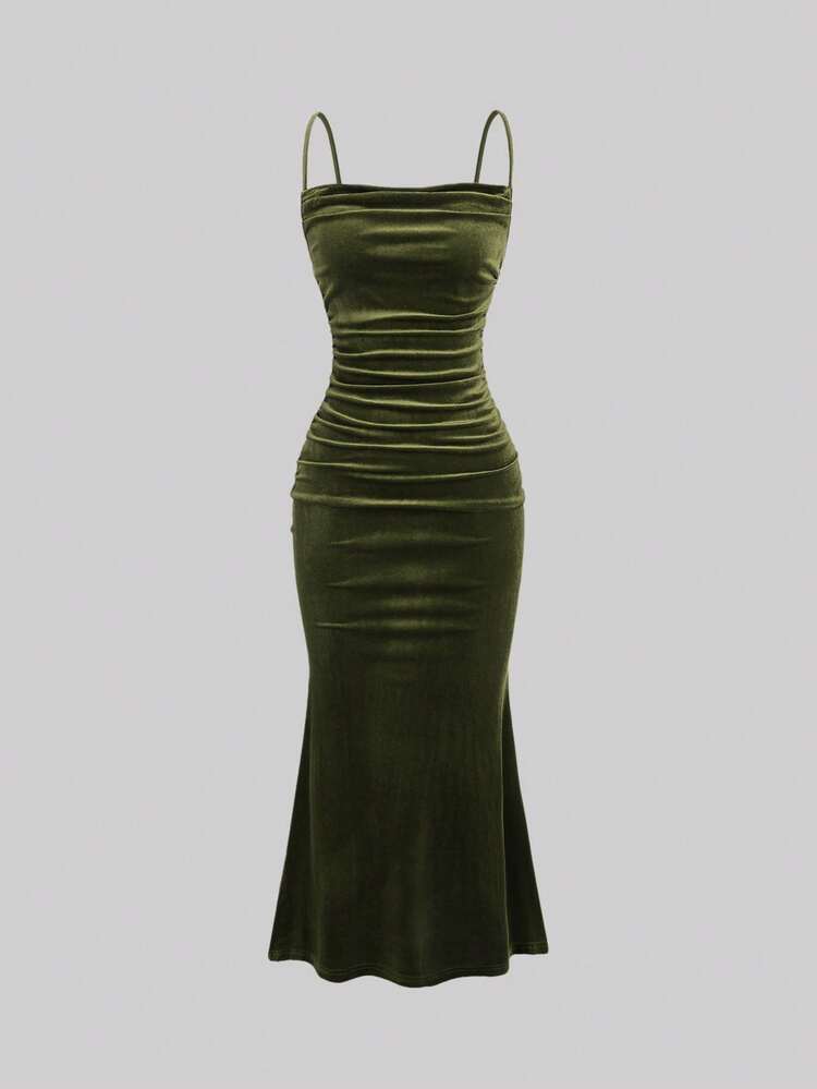 Sweetra 1 Peça Vestido Elegante de Alça Fina com Babado e Bainha de Sereia em Cor Sólida para Festa de Férias, Vestido Longo de Veludo para Mulheres - Verde Militar - Visão 1