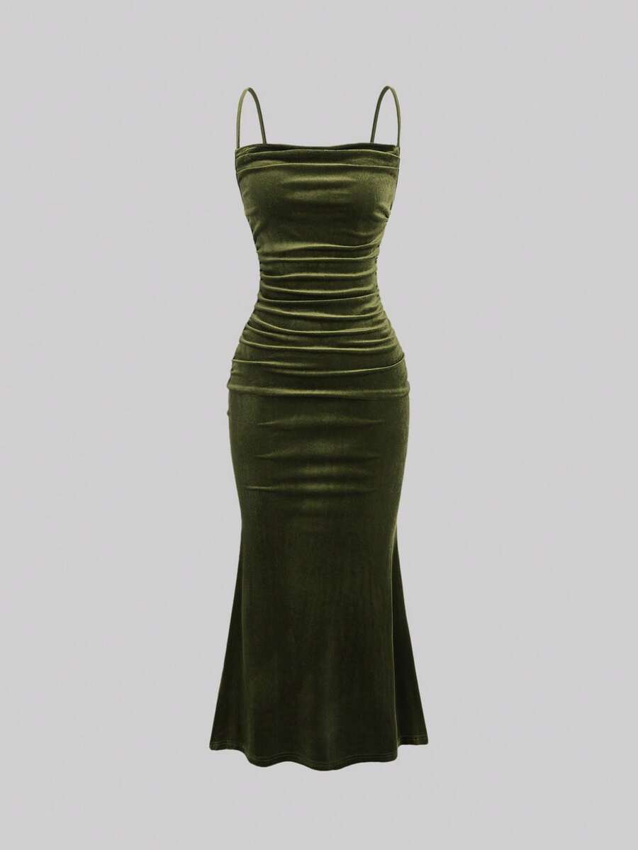 Sweetra 1pc Women Solid Color Ruffle Fishtail Hem Elegant Spaghetti Strap Dress For Holiday Party Clothes Maxi Velvet Women Outfit - Army Green - View 1