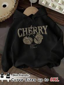 SHEIN CURVE+ 休闲简约豹纹和樱桃印花连帽宽松厚款女士运动衫，秋冬女装，冬季，CURVE PLUS - 黑色 - 查看 1