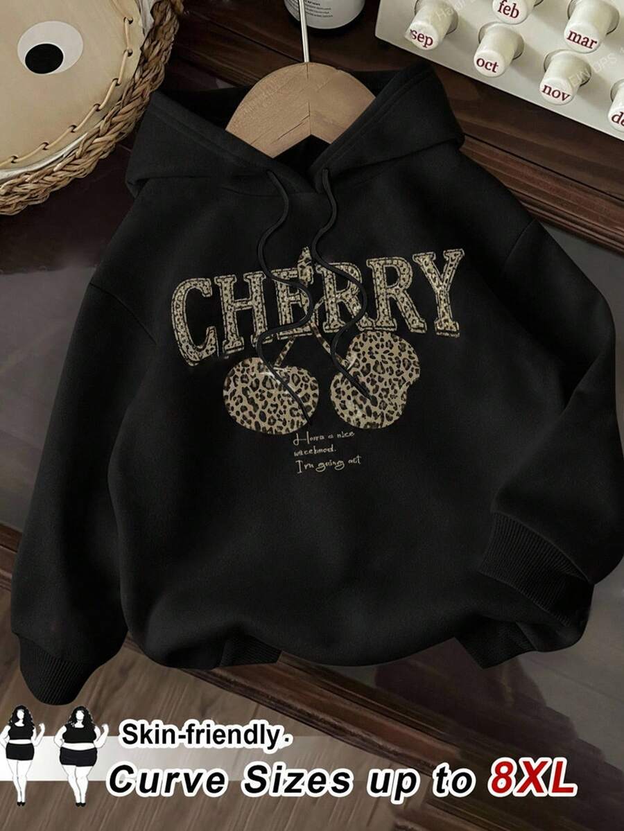 SHEIN CURVE+ 休闲简约豹纹和樱桃印花连帽宽松厚款女士运动衫，秋冬女装，冬季，CURVE PLUS - 黑色 - 查看 1