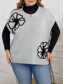 SHEIN CURVE+ Damen Oversize Pullover mit Fledermausärmeln und Blumenmuster, Herbst/Winter Strickpullover