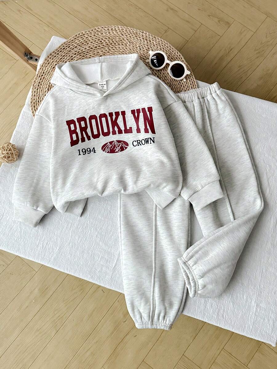 Leap Crew 2件套男童可爱灰色字母印花长袖卫衣和裤子套装，秋冬季 - 淺灰色 - 查看 1