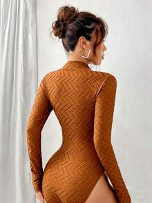 Islaluna New Solid Brown Slim-Fit Bodysuit For Women, Spring/Autumn - Brown - View 2