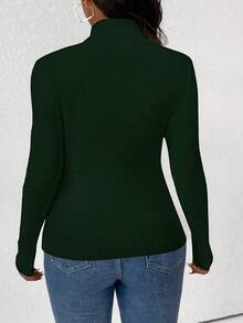 Plus Size Women Solid Color Ribbed Knit Turtleneck Sweater, Casual For Autumn/Winter - Dark Green - View 2
