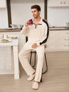 CoupledUp 男士休闲撞色拼接半拉链领长袖上衣和阔腿裤家居服套装，情侣睡衣套装，男士家居服睡衣套装，纯棉家居服，秋冬服装 - 杏色 - 查看 5