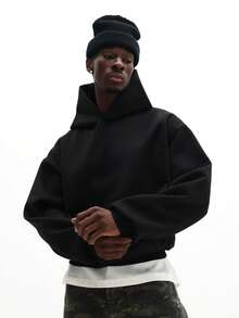 SUMWON 常规款套头连帽衫，带抽绳和字母Logo设计，休闲街头风，秋冬季衣橱必备单品 - 黑色 - 查看 2