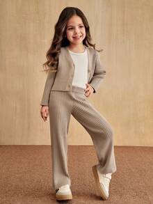 SHEIN Elladie kids 女童针织毛衣套装 - 长袖开衫 + 裤子，百搭时尚简约可爱，适合居家和旅行 - 卡其色 - 查看 5